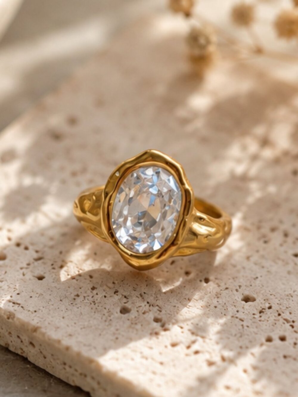Statement 18K Gold Plated Ring with Irregular Zirconia Size 7